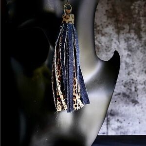 Denim and animal print tassel earrings. 5” drop. Hypoallergenic earrin…